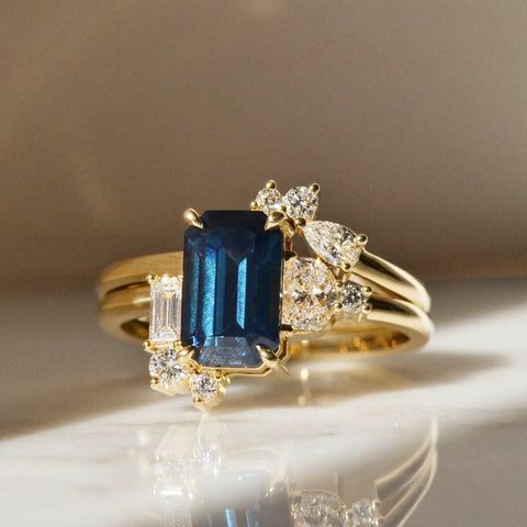 Bague multicouche en or bleu brillant avec cristal bleu vintage
