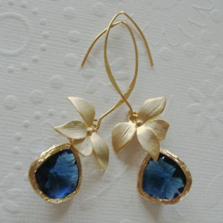 Boucles d'oreilles Vintage Bleue et Fleur d'Or