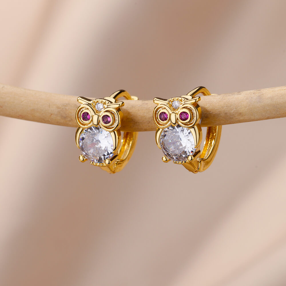 Boucles d'oreilles Minimalistes Hibou avec Zirconia en Or