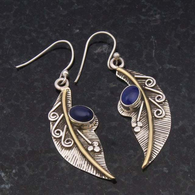 Boucles d'oreilles Vintage en Plume avec Pierre Bleue