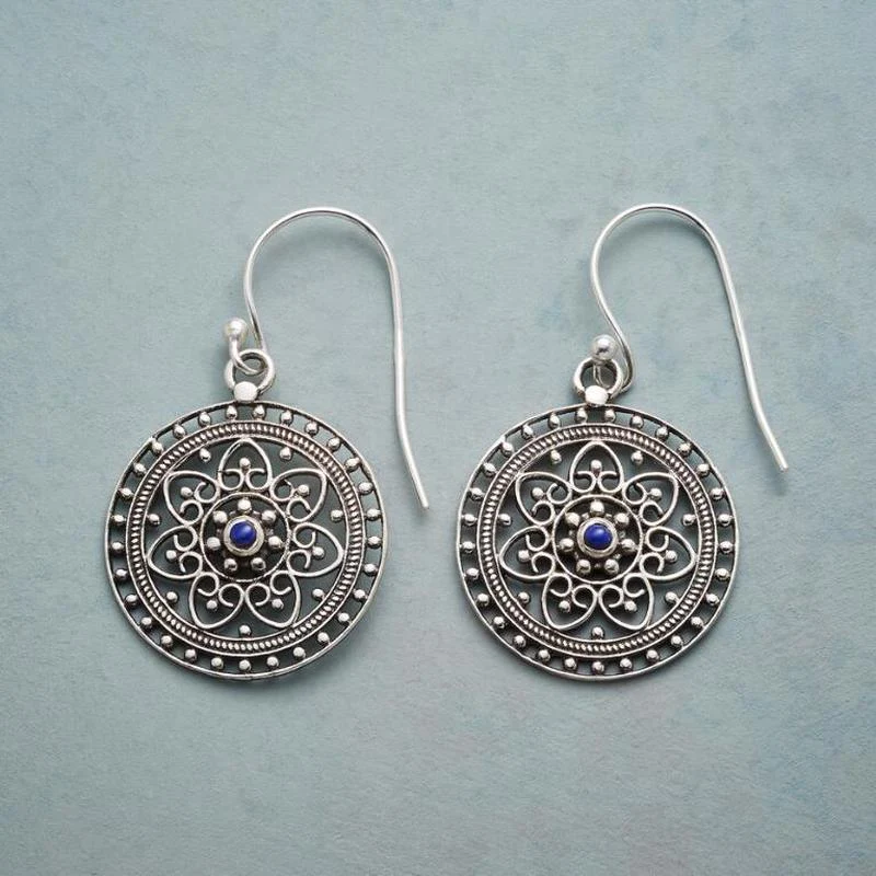 Boucles d'oreilles vintage Mandala avec pierre bleue