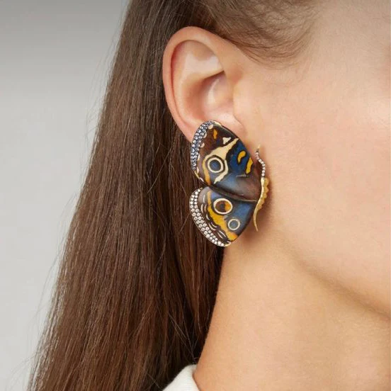 Boucles d'oreilles papillon avec émail vintage peint à la main