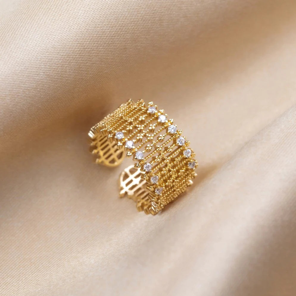 Bague Réglable en Maille de Cristal en Or