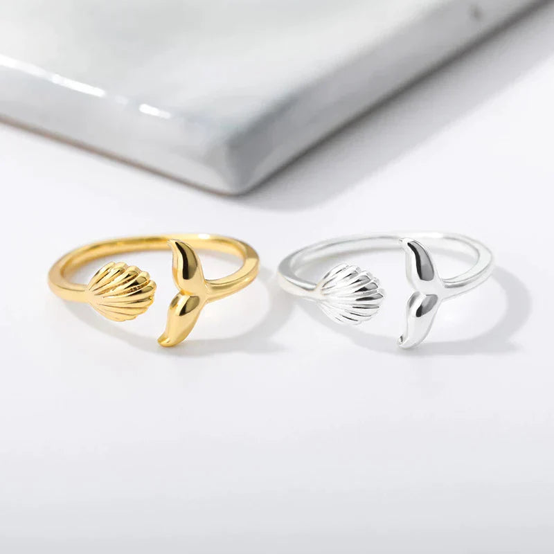 Bague Réglable Queue de Sirène avec Coquille en Or