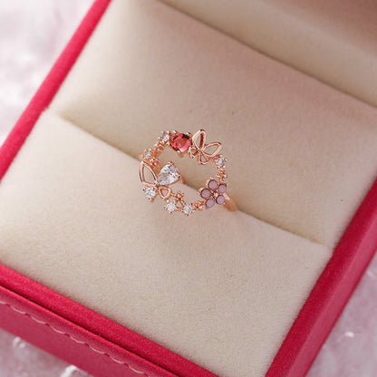 Bague Réglable en or Avec Zircon et Pierre Rouge