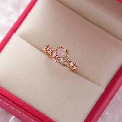 Bague Réglable en Or avec Coeur Rose et Zirconia