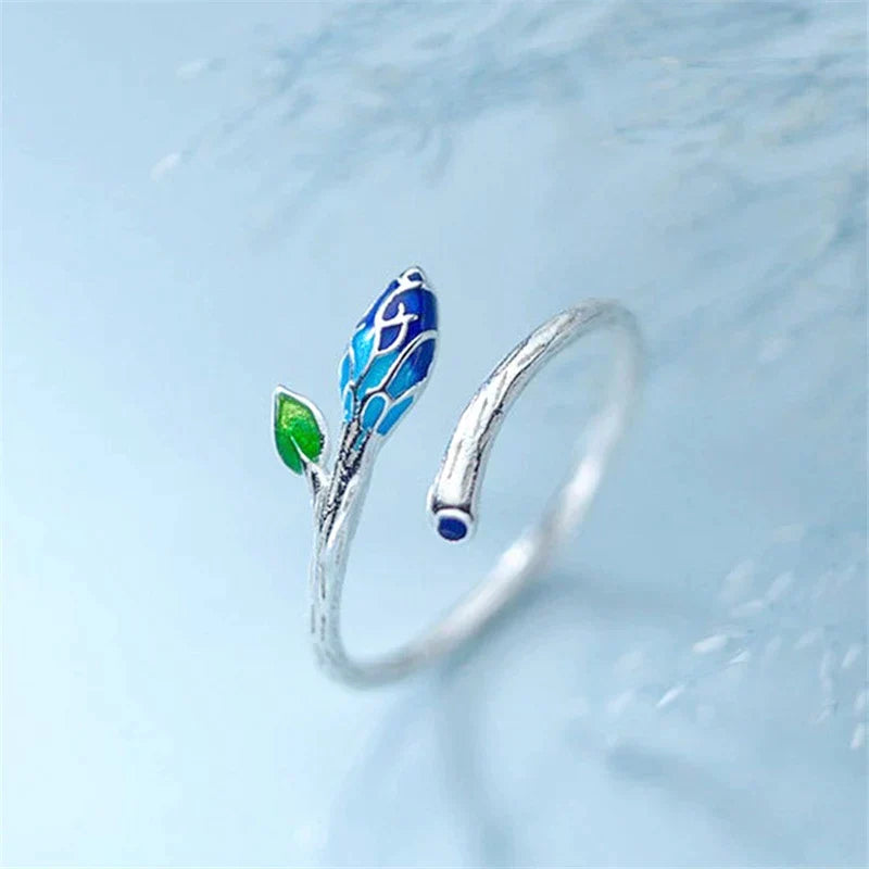 Bague Ajustable en Argent avec Fleur Bleue