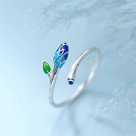 Bague Ajustable en Argent avec Fleur Bleue