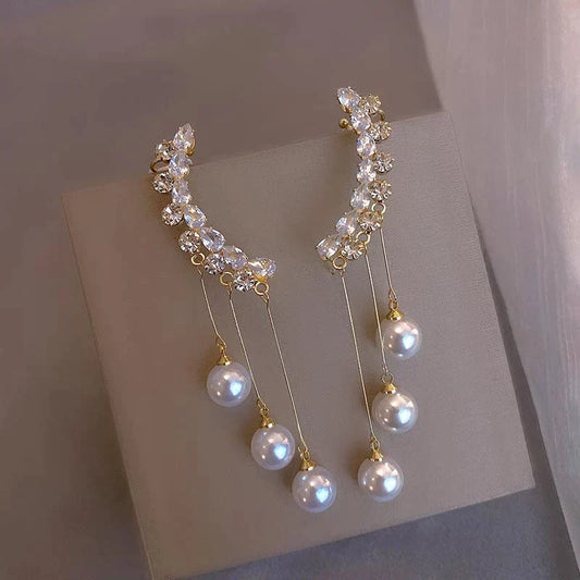 Boucles d'Oreilles Pendantes en Or avec Zircon et Perle