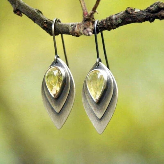 Boucles d'Oreilles Boho en Pierre Jaune en Argent