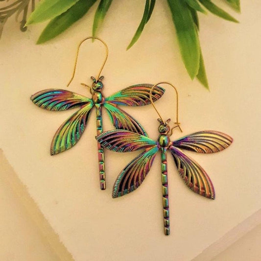 Boucles d'Oreilles Libellule Chromatique Multicolore en Or