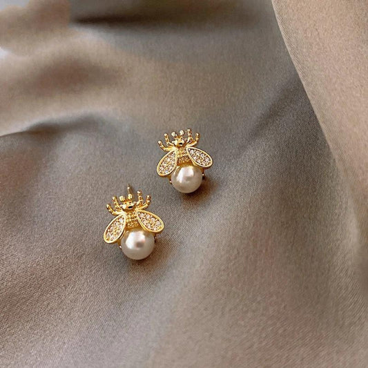 Boucles d'oreilles Abeilles avec Perles et Zirconia en Or