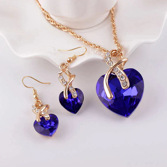 Ensemble Collier + Boucles d'Oreilles d'Amour avec Zircon Bleu en Or