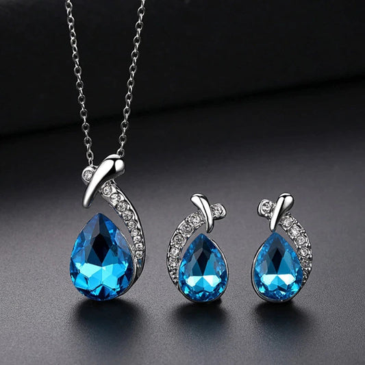 Ensemble Collier + Boucles d'Oreilles en Zirconium Bleu en Argent Sterling