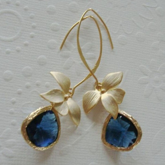 Boucles d'oreilles Vintage Bleue et Fleur d'Or