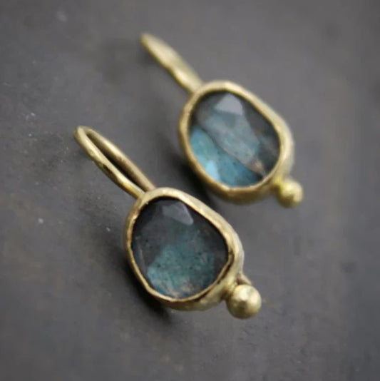 Boucles d&#39;oreilles vintage en pierre bleue incrustée d&#39;or