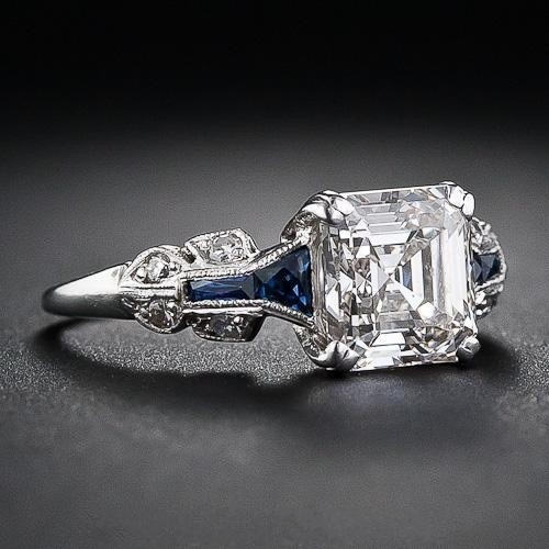 Bague vintage en argent avec incrustation de bleu et de cristal